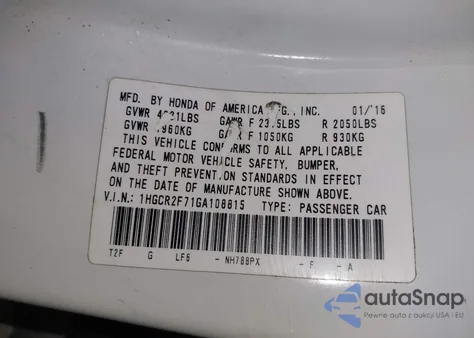 2016 Honda Accord Ex из США, поврежденный, VIN 1HGCR2F71GA108815